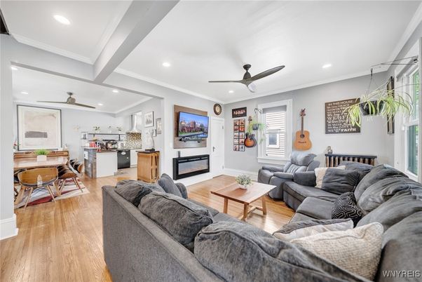 Dining room, Fireplace, Interior, Kitchen, Living room, Recessed Lighting, Wood Texture Flooring