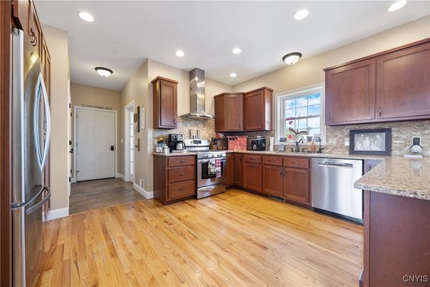 Interior, Kitchen, Recessed Lighting, Stainless Steel Appliances, Wood Texture Flooring