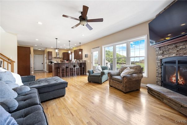 Fireplace, Interior, Kitchen, Living room, Pendant Lights, Recessed Lighting, Stone Walls, Wood Texture Flooring