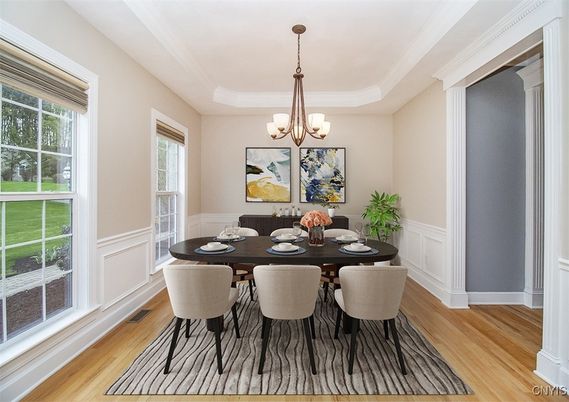 Chandelier, Dining room, Interior, Wood Texture Flooring