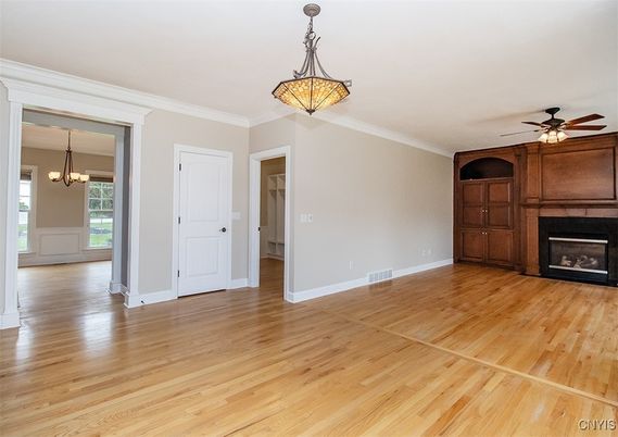 Empty room, Fireplace, Interior, Pendant Lights, Wood Texture Flooring