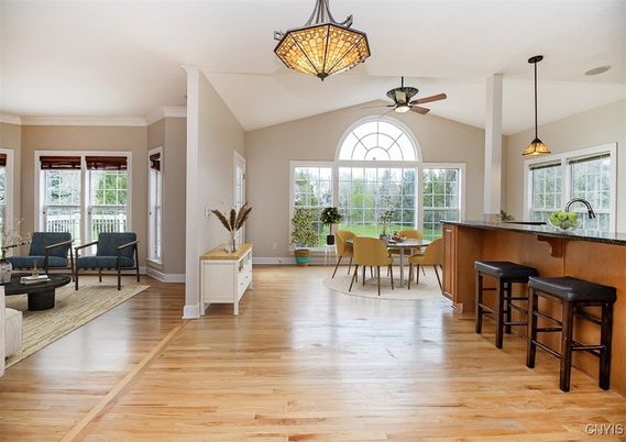 Dining room, Interior, Living room, Pendant Lights, Wood Texture Flooring