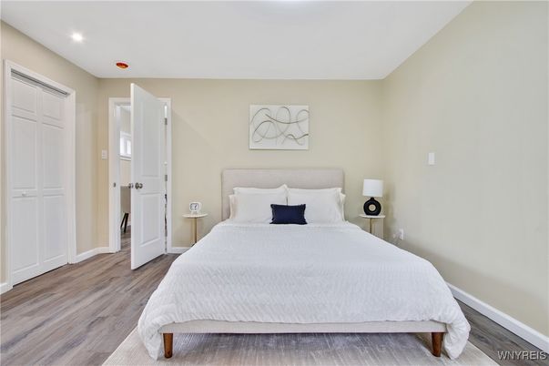 Bedroom, Interior, Recessed Lighting, Wood Texture Flooring