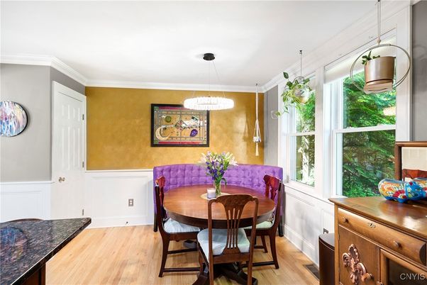 Dining room, Interior, Pendant Lights, Wood Texture Flooring