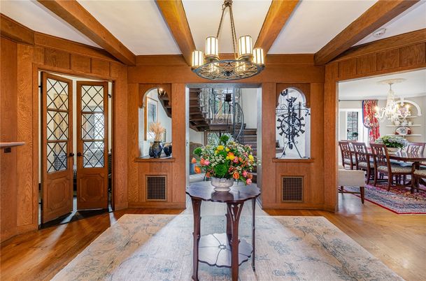 Chandelier, Dining room, Interior, Wooden Beams, Wood Texture Flooring