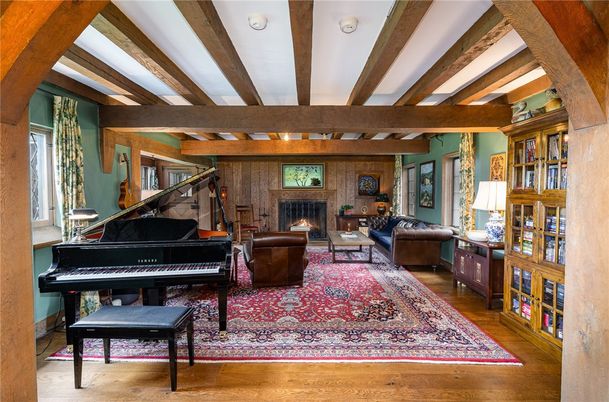Fireplace, Interior, Living room, Piano, Wooden Beams, Wood Texture Flooring