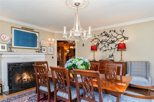 Chandelier, Dining room, Fireplace, Interior, Wood Texture Flooring