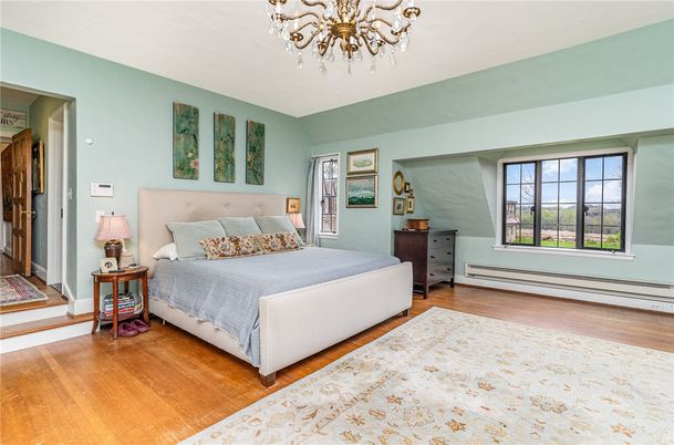 Bedroom, Chandelier, Interior, Wood Texture Flooring