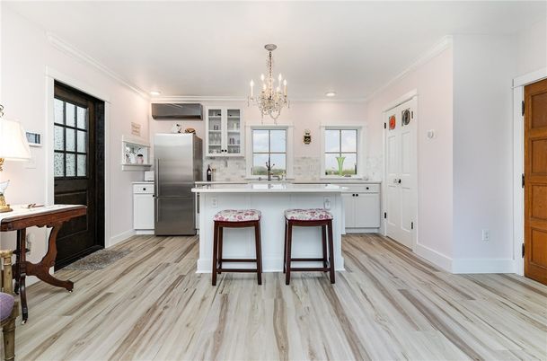 Chandelier, Interior, Kitchen, Recessed Lighting, Wood Texture Flooring