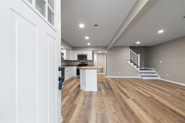 Interior, Kitchen, Recessed Lighting, Stainless Steel Appliances, Wood Texture Flooring