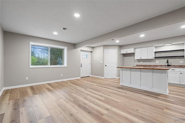 Empty room, Interior, Kitchen, Recessed Lighting, Wood Texture Flooring