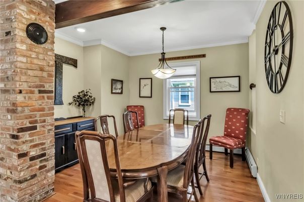 Dining room, Fireplace, Interior, Pendant Lights, Recessed Lighting, Stone Walls, Wooden Beams, Wood Texture Flooring