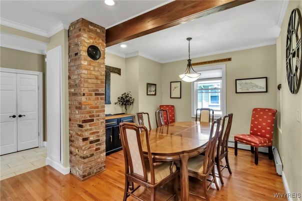 Dining room, Fireplace, Interior, Pendant Lights, Recessed Lighting, Wood Texture Flooring