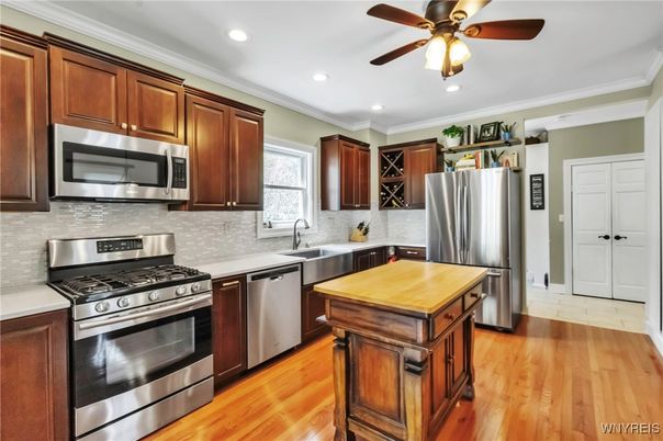 Interior, Kitchen, Recessed Lighting, Stainless Steel Appliances, Wood Texture Flooring