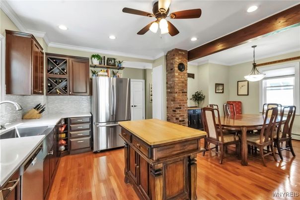 Dining room, Interior, Kitchen, Pendant Lights, Recessed Lighting, Stainless Steel Appliances, Wood Texture Flooring
