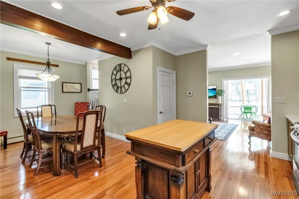 Dining room, Interior, Pendant Lights, Recessed Lighting, Wood Texture Flooring
