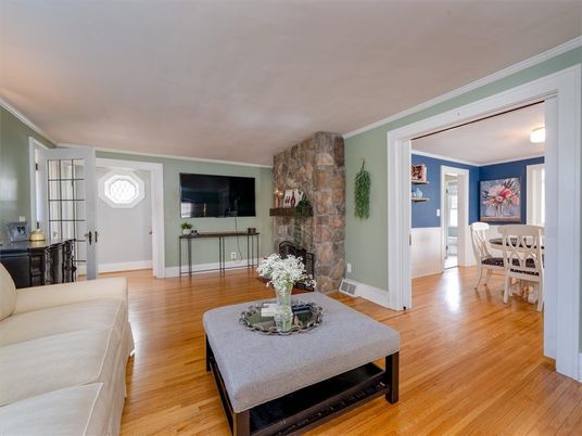 Dining room, Fireplace, Interior, Stone Walls, Wood Texture Flooring