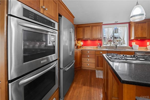Interior, Kitchen, Pendant Lights, Stainless Steel Appliances, Wood Texture Flooring