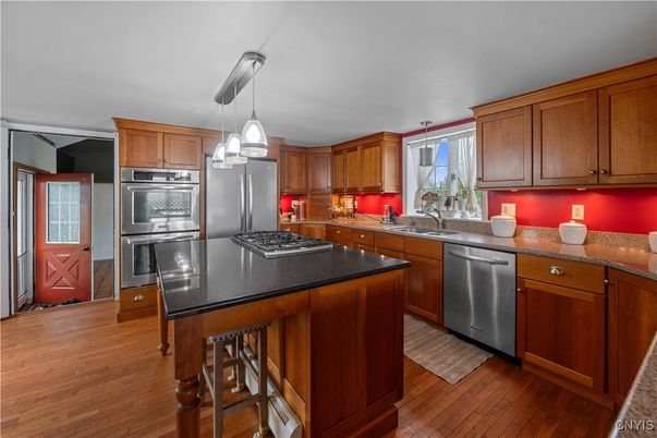 Interior, Kitchen, Pendant Lights, Stainless Steel Appliances, Wood Texture Flooring