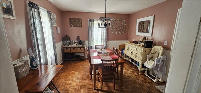 Dining room, Interior, Pendant Lights, Wood Texture Flooring