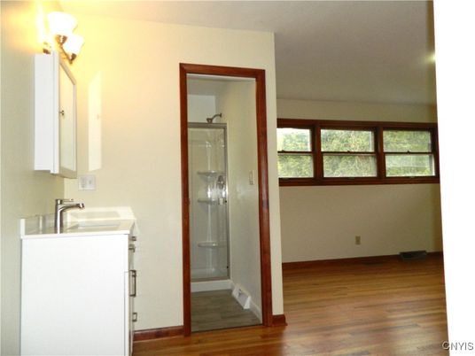 Bathroom, Glass Shower, Interior, Wood Texture Flooring