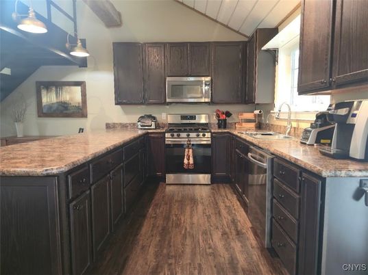 Interior, Kitchen, Pendant Lights, Stainless Steel Appliances, Wood Texture Flooring