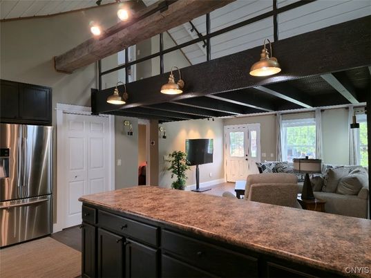 Interior, Kitchen, Living room, Pendant Lights, Stainless Steel Appliances, Wooden Beams, Wood Texture Flooring