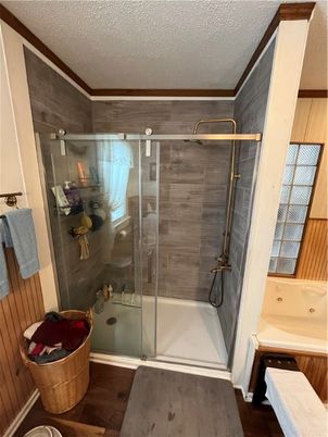 Bathroom, Glass Shower, Interior, Wood Texture Flooring
