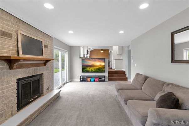 Fireplace, Interior, Living room, Recessed Lighting, Stone Walls