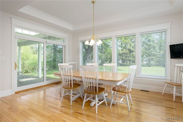 Dining room, Interior, Pendant Lights, Wood Texture Flooring