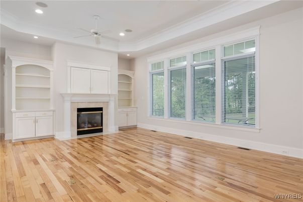 Empty room, Fireplace, Interior, Recessed Lighting, Wood Texture Flooring