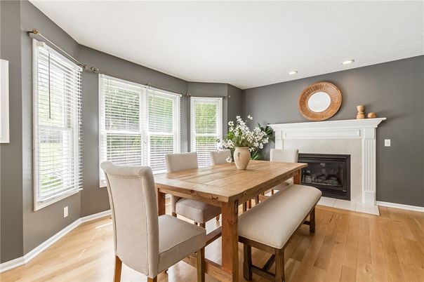 Dining room, Fireplace, Interior, Recessed Lighting, Wood Texture Flooring