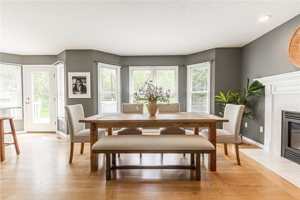 Dining room, Fireplace, Interior, Recessed Lighting, Wood Texture Flooring