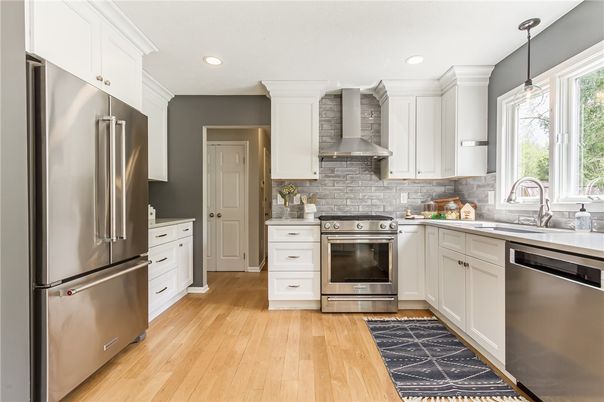 Interior, Kitchen, Pendant Lights, Recessed Lighting, Stainless Steel Appliances, Wood Texture Flooring