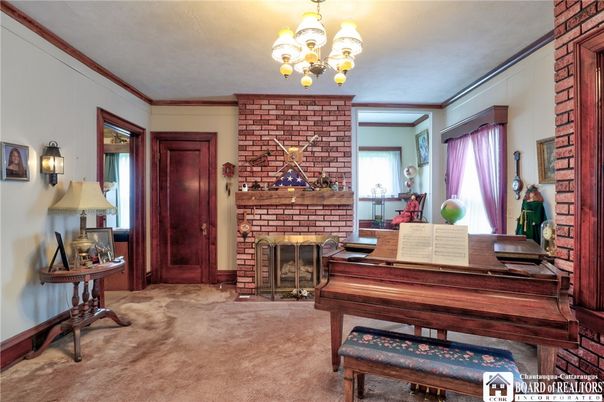 Chandelier, Fireplace, Interior, Piano, Stone Walls