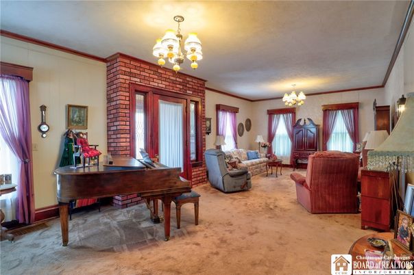 Chandelier, Fireplace, Interior, Living room, Piano