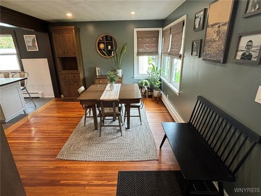 Dining room, Interior, Recessed Lighting, Wood Texture Flooring