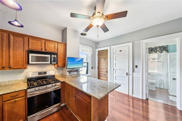 Interior, Kitchen, Pendant Lights, Stainless Steel Appliances, Wood Texture Flooring