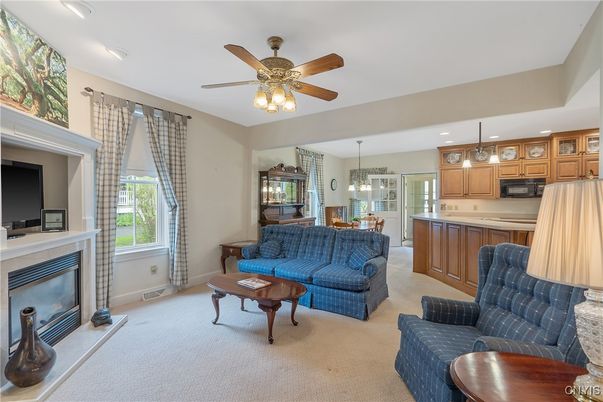 Dining room, Fireplace, Interior, Kitchen, Living room, Pendant Lights, Recessed Lighting