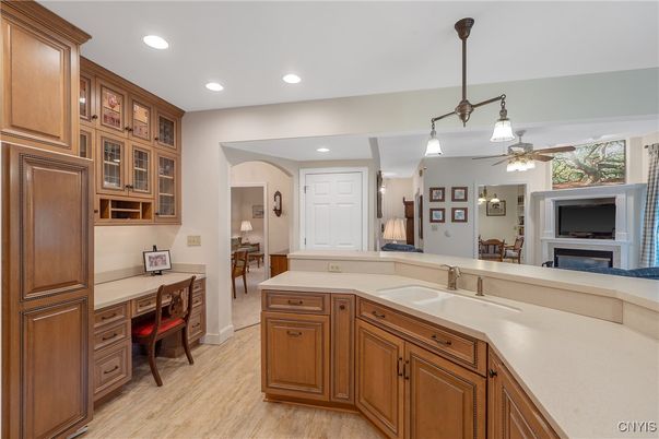 Fireplace, Interior, Pendant Lights, Recessed Lighting, Wood Texture Flooring