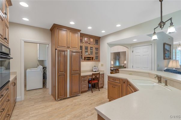 Dining room, Interior, Kitchen, Pendant Lights, Recessed Lighting, Wood Texture Flooring