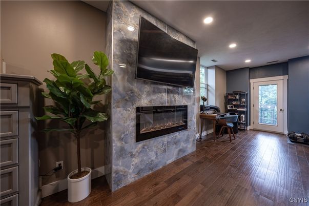 Fireplace, Home Office, Interior, Recessed Lighting, Wood Texture Flooring