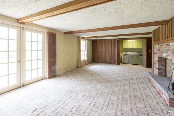 Empty room, Fireplace, Interior, Stone Walls, Wooden Beams
