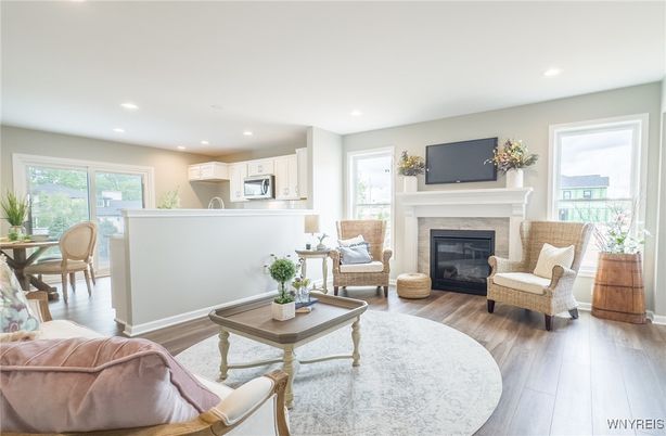 Dining room, Fireplace, Interior, Kitchen, Living room, Recessed Lighting, Wood Texture Flooring
