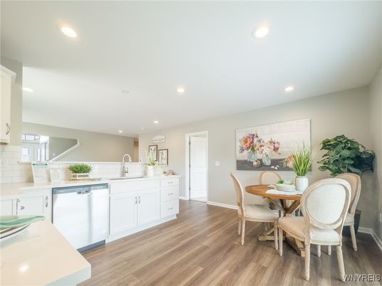 Dining room, Interior, Kitchen, Recessed Lighting, Wood Texture Flooring