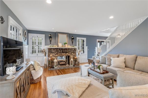 Fireplace, Interior, Living room, Recessed Lighting, Wood Texture Flooring