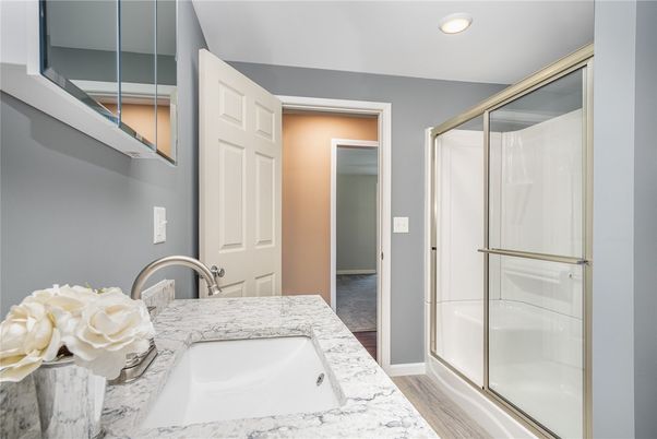 Bathroom, Glass Shower, Interior, Recessed Lighting, Wood Texture Flooring