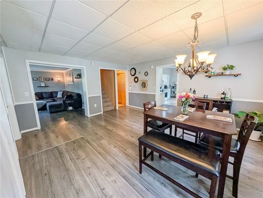 Chandelier, Dining room, Interior, Wood Texture Flooring