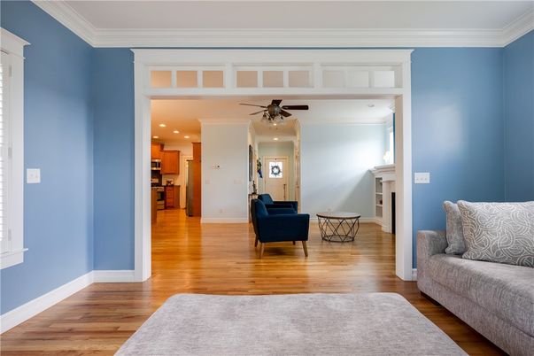 Fireplace, Interior, Kitchen, Living room, Recessed Lighting, Wood Texture Flooring