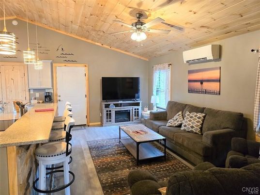 Fireplace, Interior, Kitchen, Living room, Pendant Lights, Wooden Ceilings, Wood Texture Flooring